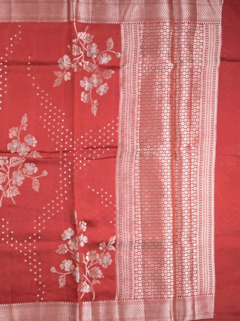 Raw mango fancy saree red color allover zari weaves & zari border with brocade pallu and plain blouse