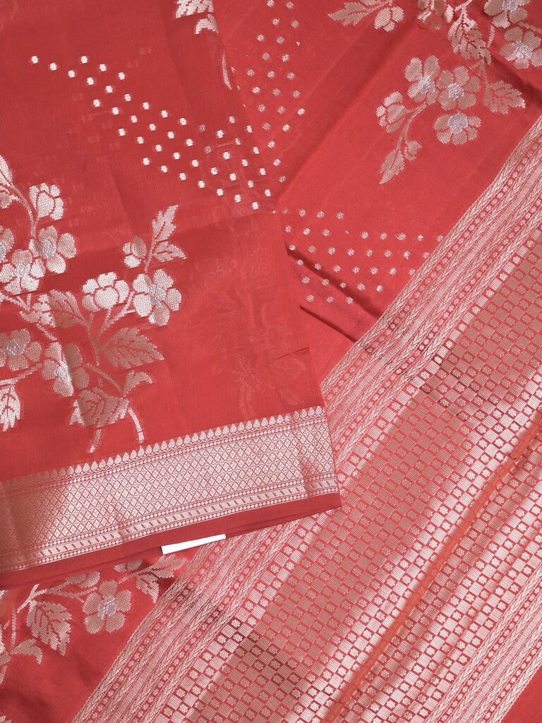 Raw mango fancy saree red color allover zari weaves & zari border with brocade pallu and plain blouse