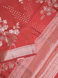 Raw mango fancy saree red color allover zari weaves & zari border with brocade pallu and plain blouse
