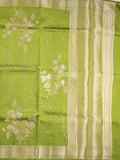 Raw mango fancy saree parrot green color allover zari weaves & zari border with brocade pallu and plain blouse