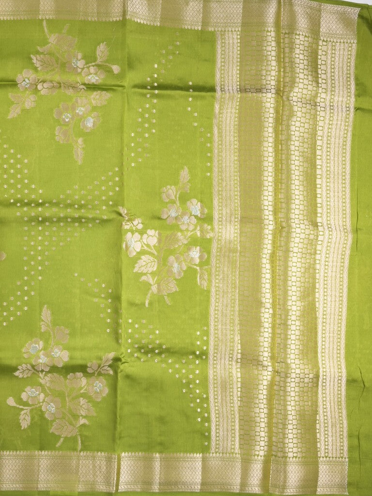 Raw mango fancy saree parrot green color allover zari weaves & zari border with brocade pallu and plain blouse
