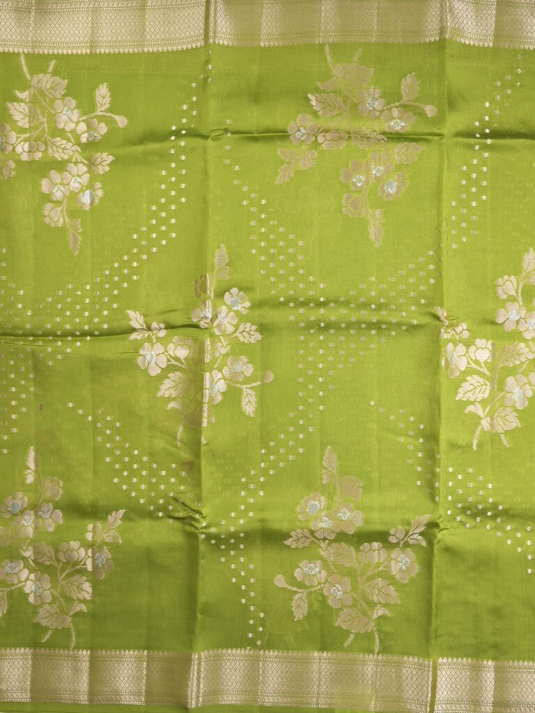 Raw mango fancy saree parrot green color allover zari weaves & zari border with brocade pallu and plain blouse