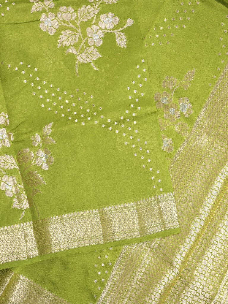 Raw mango fancy saree parrot green color allover zari weaves & zari border with brocade pallu and plain blouse