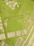 Raw mango fancy saree parrot green color allover zari weaves & zari border with brocade pallu and plain blouse