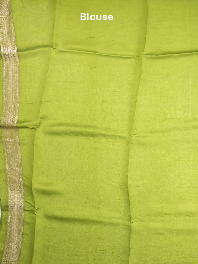 Raw mango fancy saree parrot green color allover zari weaves & zari border with brocade pallu and plain blouse