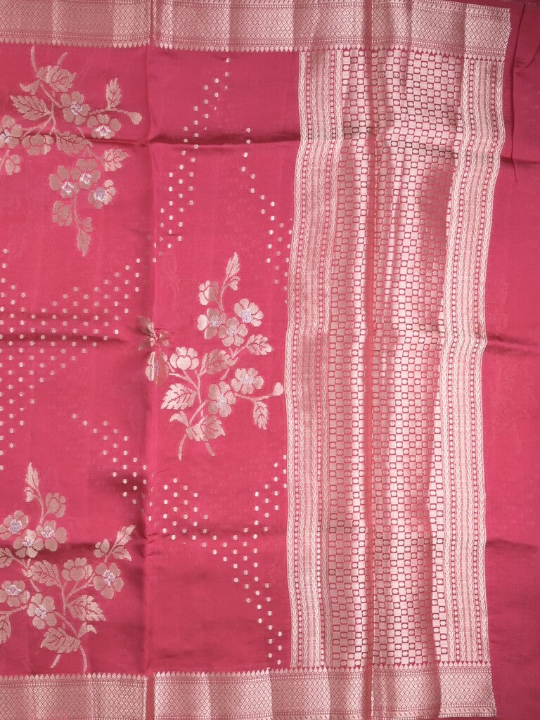 Raw mango fancy saree pink color allover zari weaves & zari border with brocade pallu and plain blouse