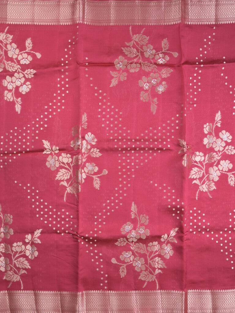 Raw mango fancy saree pink color allover zari weaves & zari border with brocade pallu and plain blouse