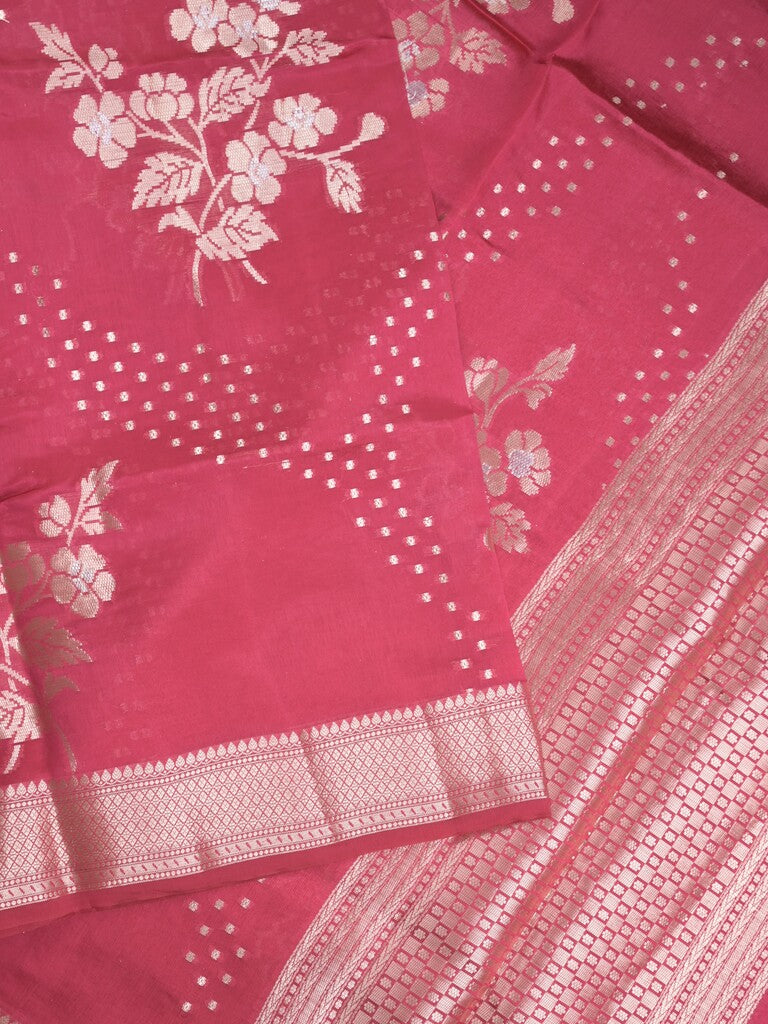 Raw mango fancy saree pink color allover zari weaves & zari border with brocade pallu and plain blouse