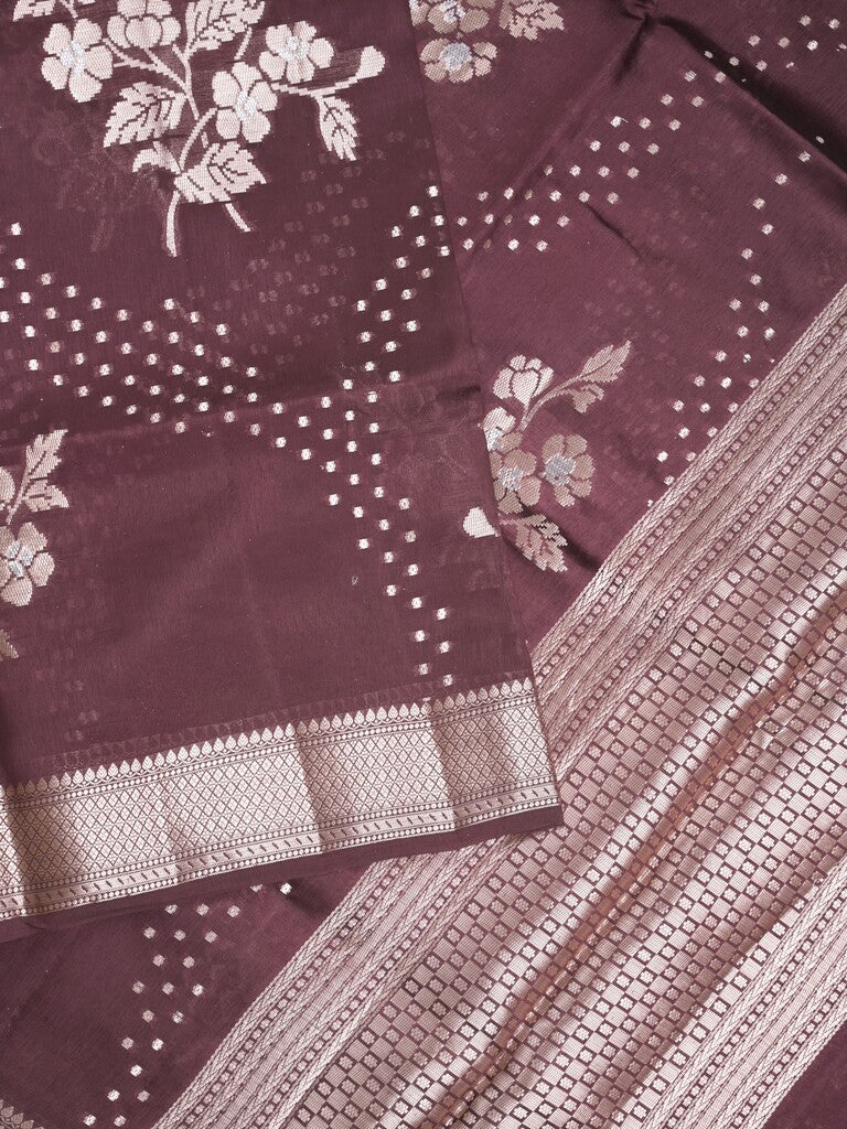 Raw mango fancy saree dark wine color allover zari weaves & zari border with brocade pallu and plain blouse