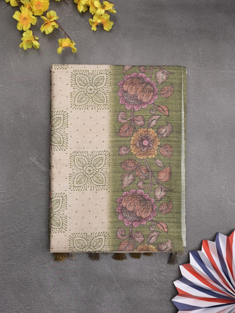 Tussar printed fancy saree with contrast printed blouse