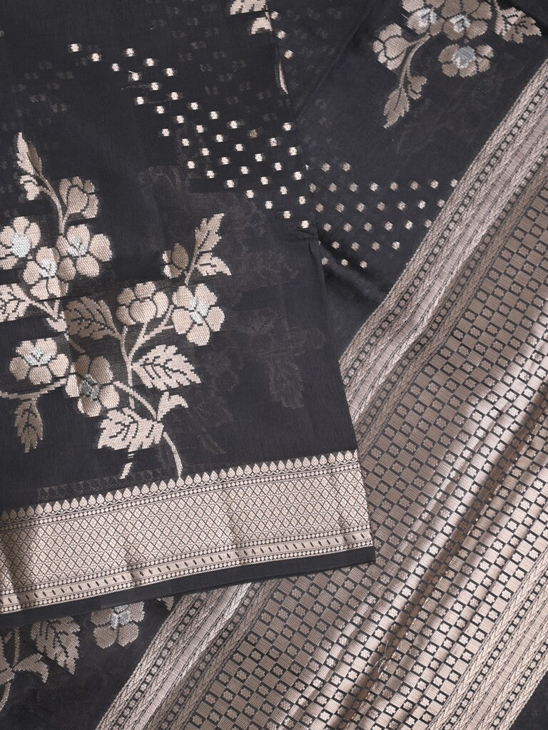 Raw mango fancy saree black color allover zari weaves & zari border with brocade pallu and plain blouse