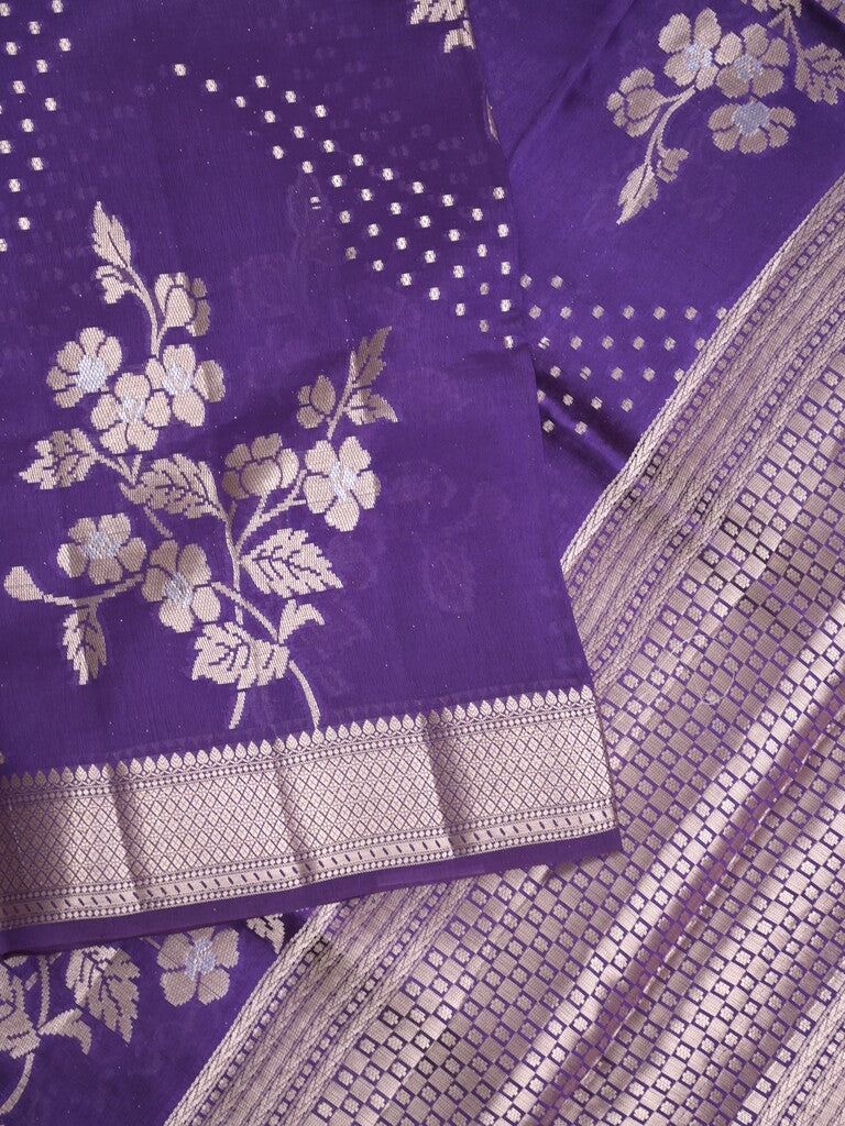 Raw mango fancy saree violet color allover zari weaves & zari border with brocade pallu and plain blouse