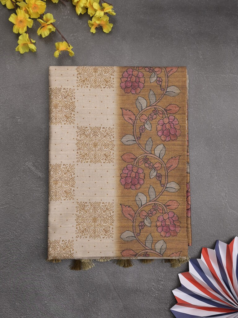 Tussar printed fancy saree with contrast printed blouse