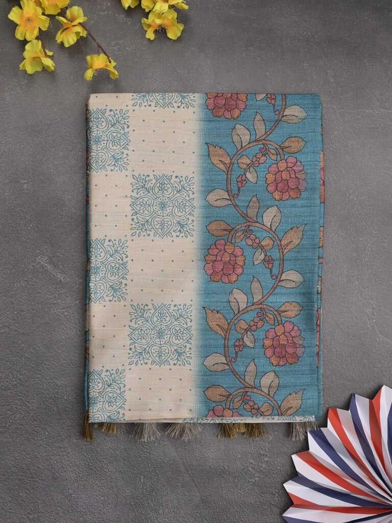 Tussar printed fancy saree with contrast printed blouse