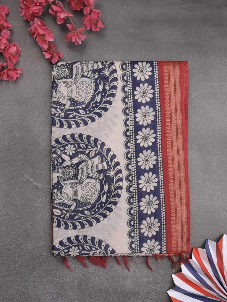 Tussar printed fancy saree with zari border and plain contrast blouse