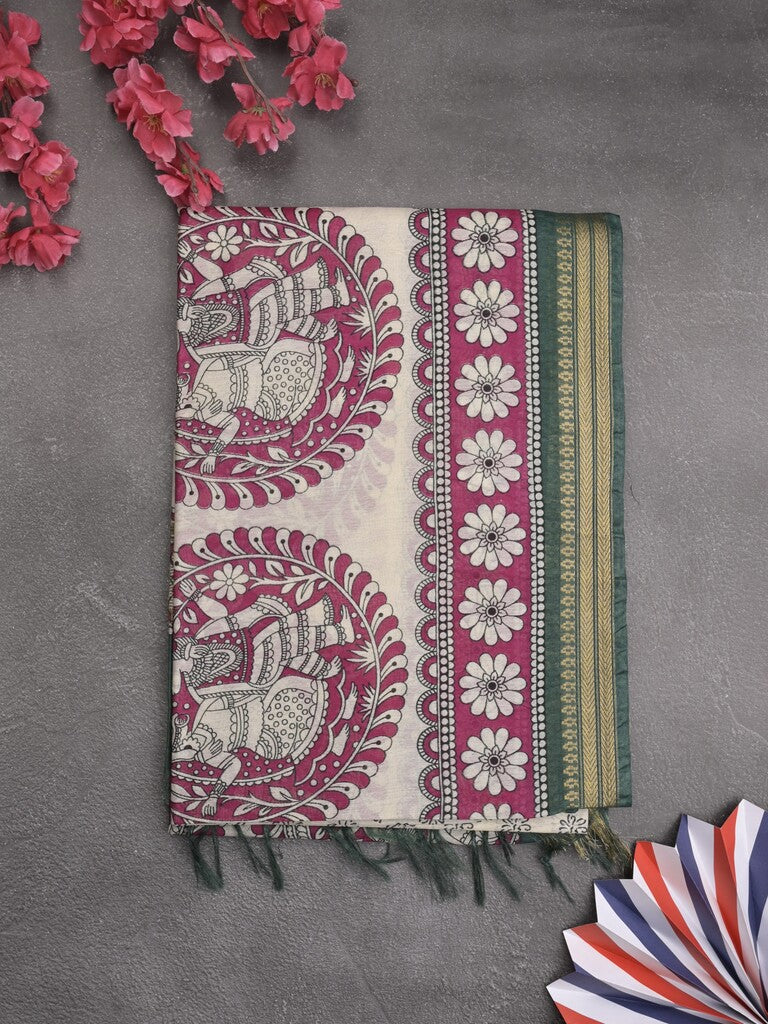 Tussar printed fancy saree with zari border and plain contrast blouse