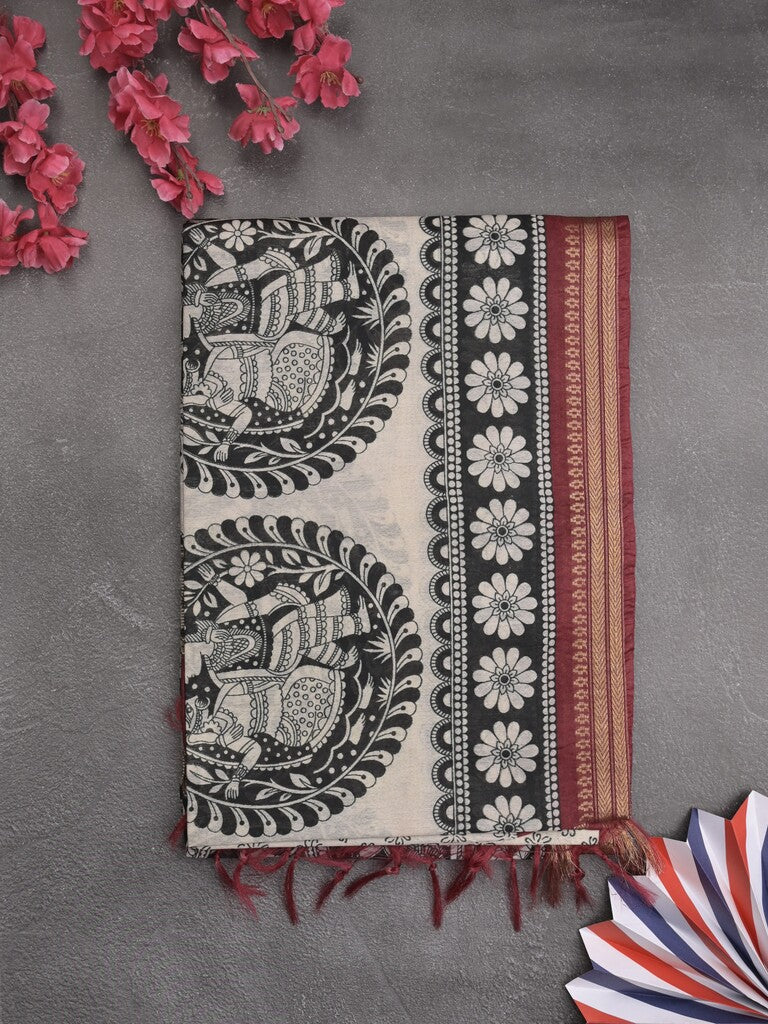 Tussar printed fancy saree with zari border and plain contrast blouse
