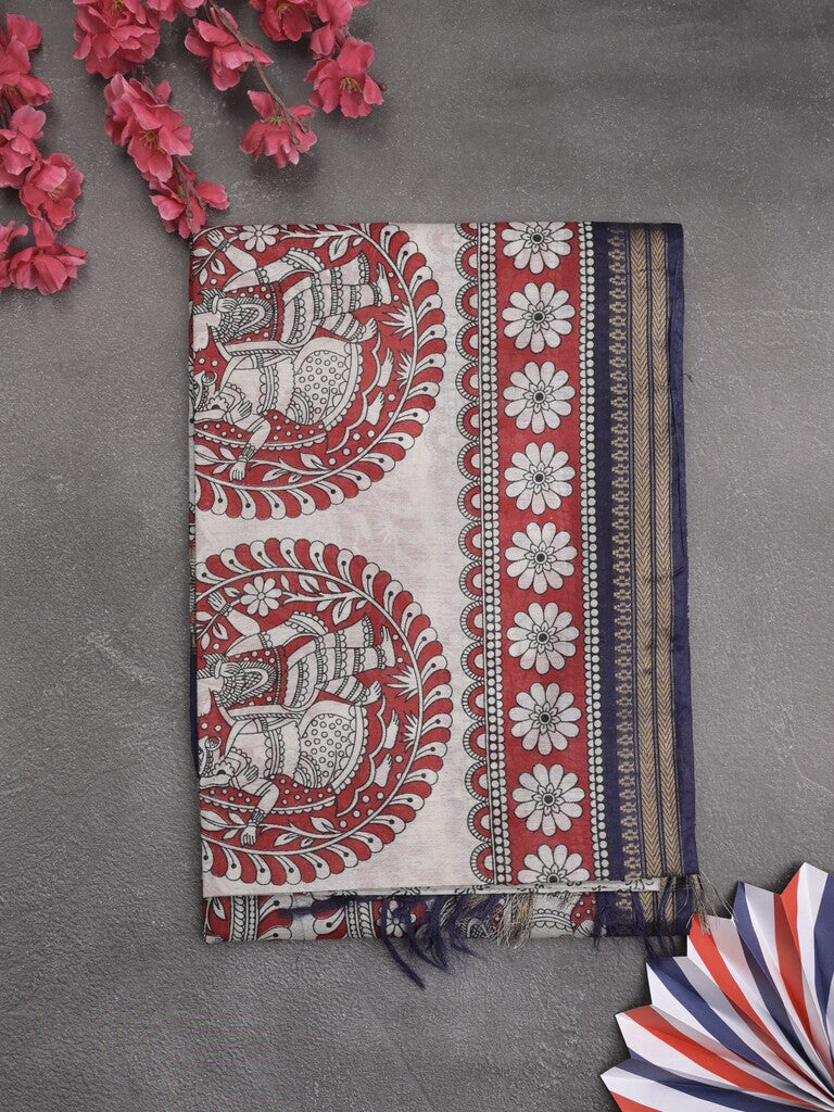 Tussar printed fancy saree with zari border and plain contrast blouse