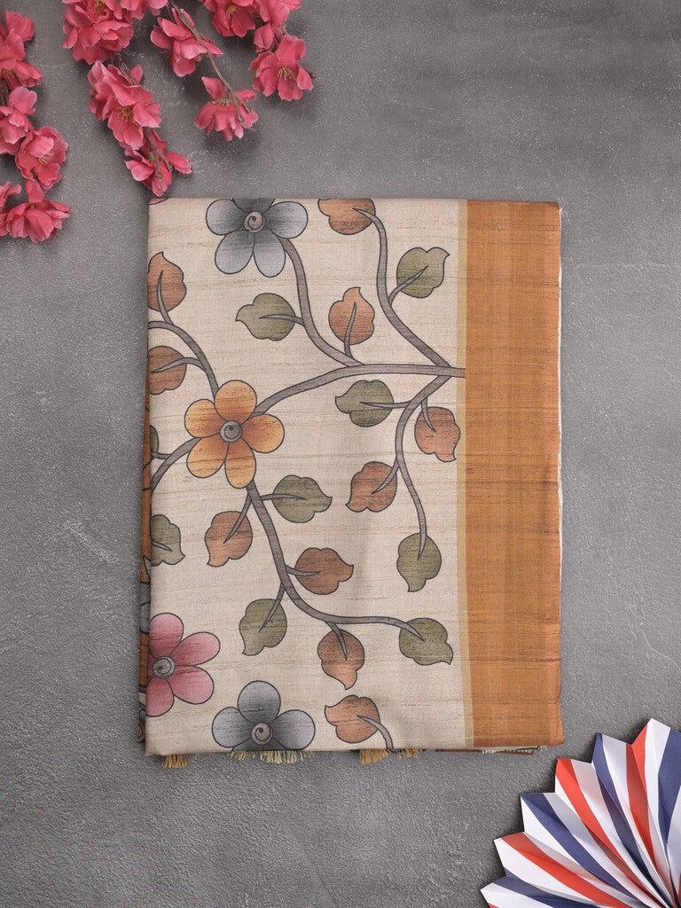 Tussar floral printed fancy saree with contrast pallu and matching blouse