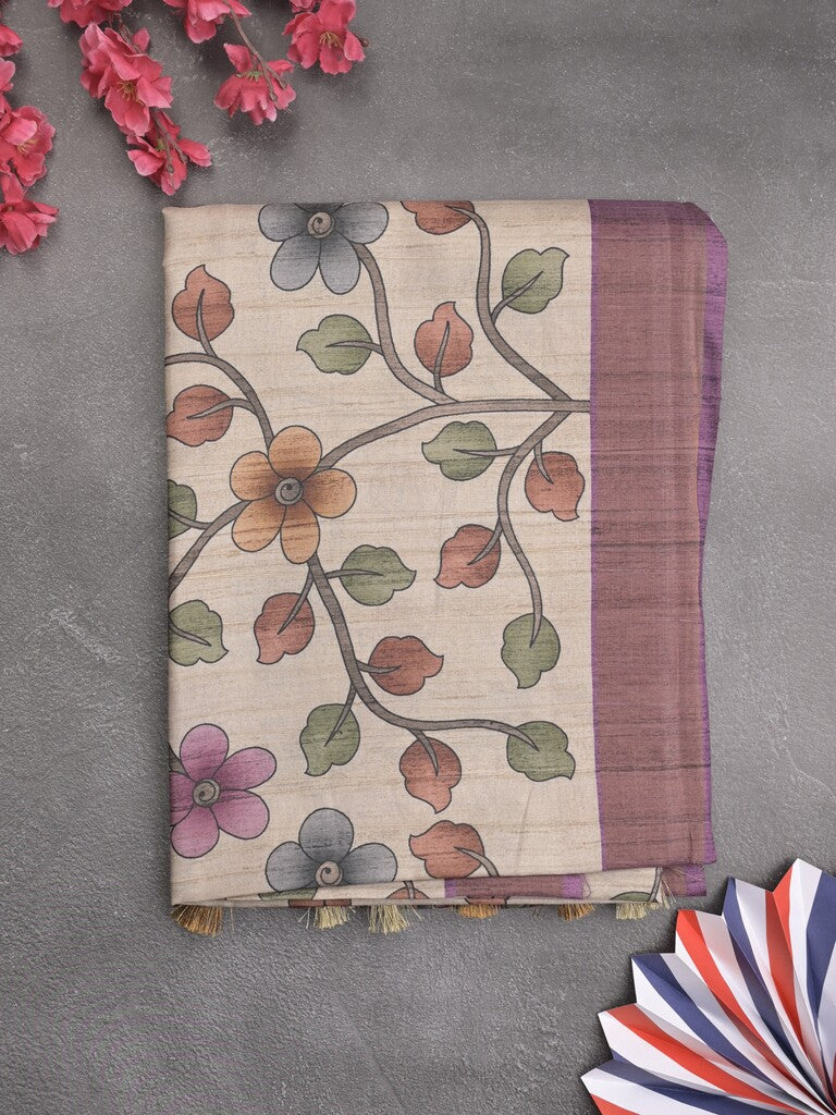 Tussar floral printed fancy saree with contrast pallu and matching blouse