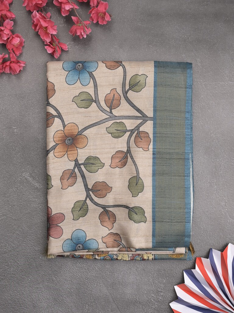 Tussar floral printed fancy saree with contrast pallu and matching blouse
