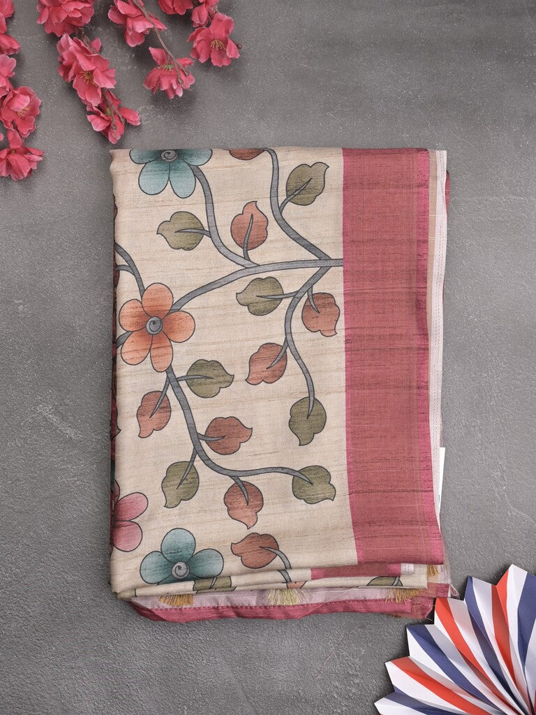 Tussar floral printed fancy saree with contrast pallu and matching blouse