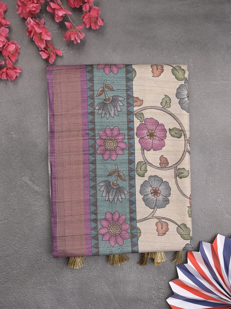 Tussar floral printed fancy saree with contrast pallu and matching blouse