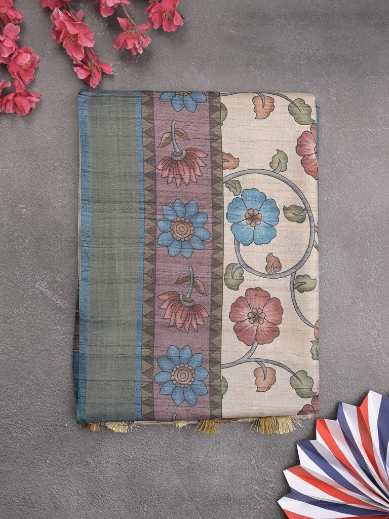 Tussar floral printed fancy saree with contrast pallu and matching blouse