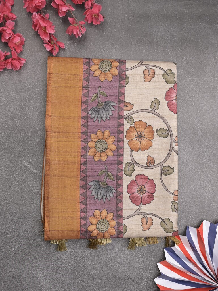 Tussar floral printed fancy saree with contrast pallu and matching blouse