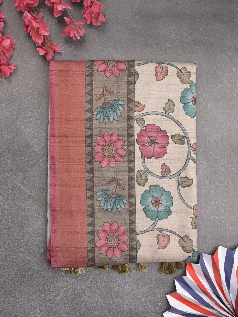 Tussar floral printed fancy saree with contrast pallu and matching blouse
