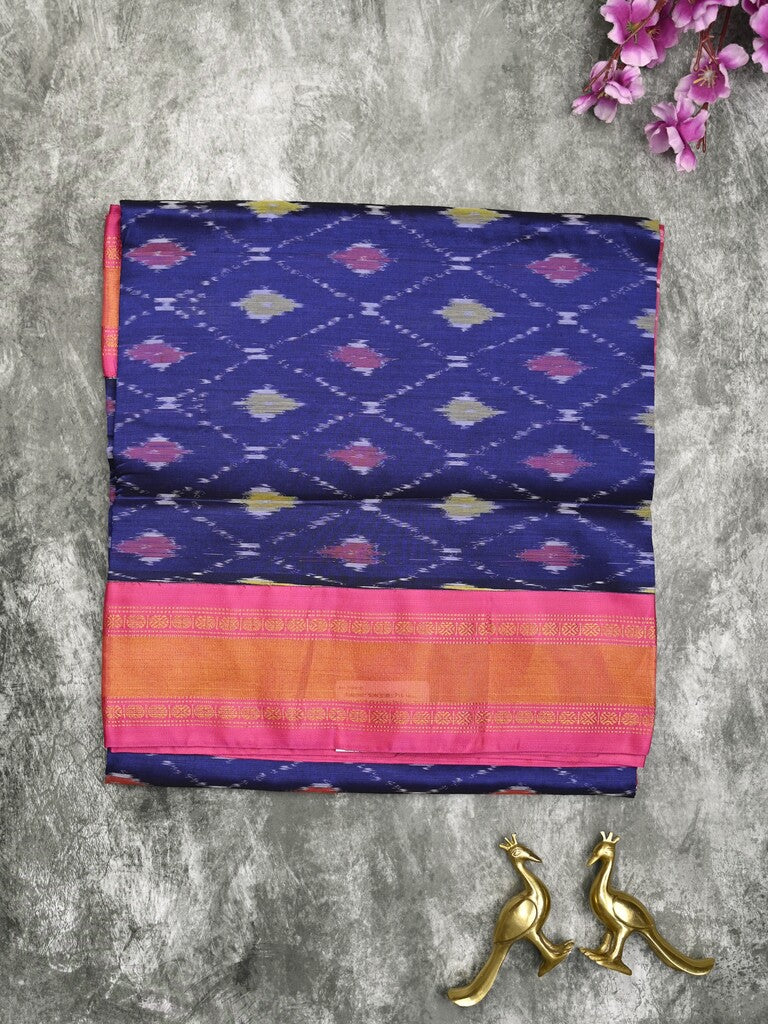 Ikkat pattu saree royal blue color allover weaves & zari border with contrast pallu and contrast blouse