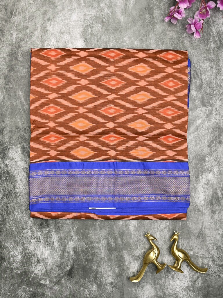 Ikkat pattu saree brown color allover weaves & zari border with contrast pallu and contrast blouse