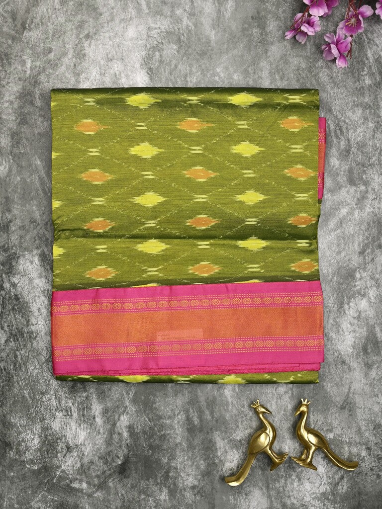 Ikkat pattu saree olive green color allover weaves & zari border with contrast pallu and contrast blouse