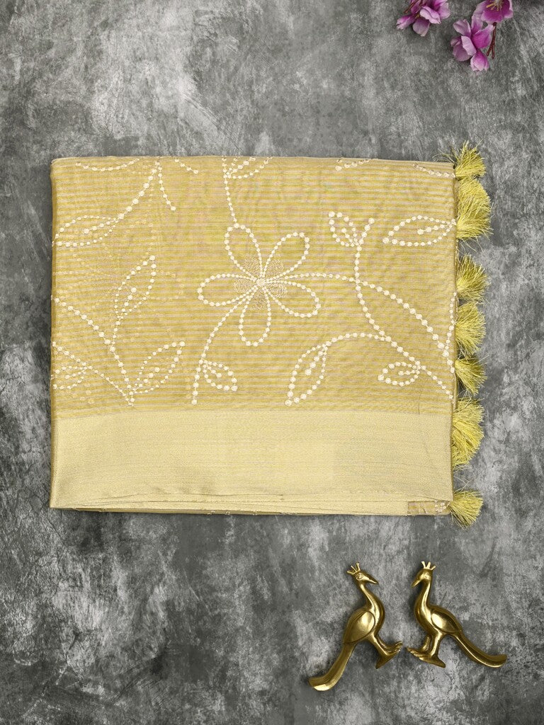 Organza tissue fancy saree light yellow color allover embroidery & kaddi border with short pallu and plain self blouse