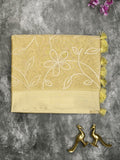 Organza tissue fancy saree light yellow color allover embroidery & kaddi border with short pallu and plain self blouse