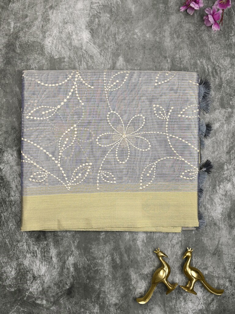 Organza tissue fancy saree bluish grey color allover embroidery & kaddi border with short pallu and plain self blouse