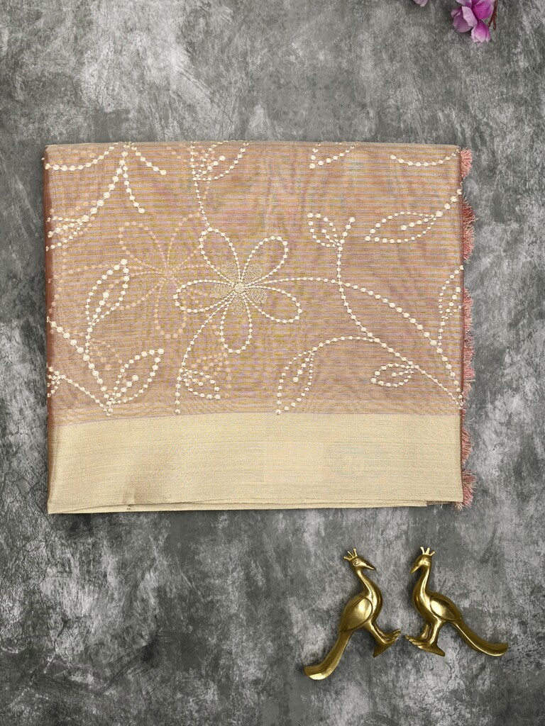 Organza tissue fancy saree peach color allover embroidery & kaddi border with short pallu and plain self blouse