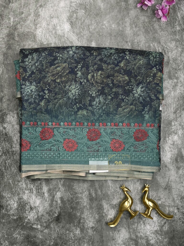 Organza fancy saree dark blue color allover prints & embroidery border with running pallu and printed blouse