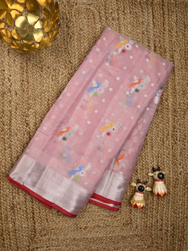 Silk kota fancy saree baby pink color allover zari weaves & zari border with zari pallu and contrast blouse