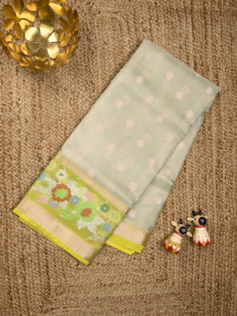 Silk kota fancy saree light grey color allover zari weaves & zari border with zari pallu and contrast blouse