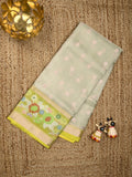 Silk kota fancy saree light grey color allover zari weaves & zari border with zari pallu and contrast blouse