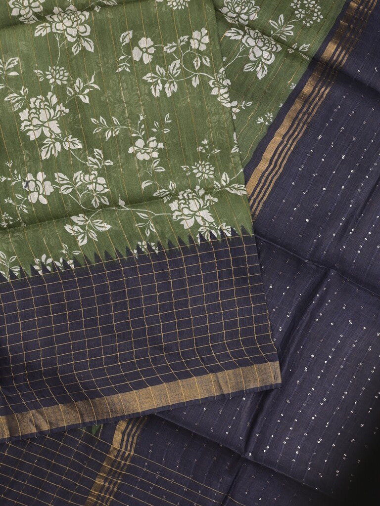 Bhagalpur floral printed fancy saree with contrast pallu and plain blouse
