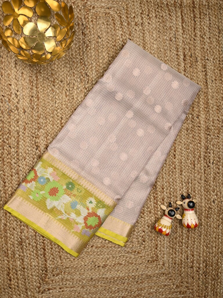 Silk kota fancy saree grey color allover zari weaves & zari border with zari pallu and contrast blouse