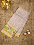 Silk kota fancy saree grey color allover zari weaves & zari border with zari pallu and contrast blouse