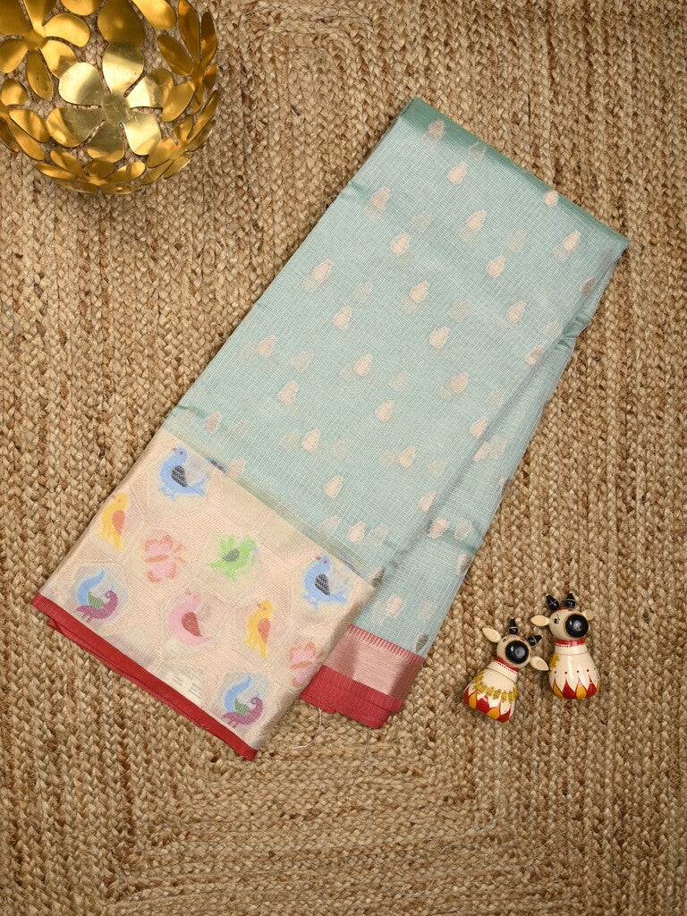 Silk kota fancy saree pastel blue color allover zari weaves & zari border with zari pallu and contrast blouse