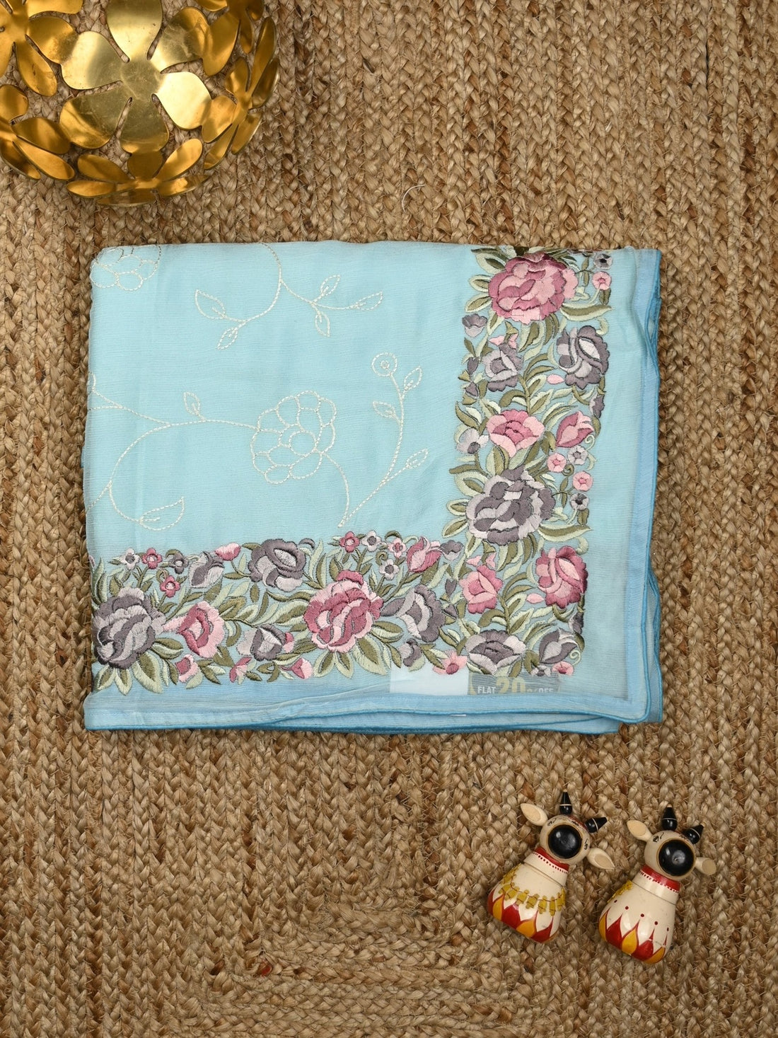 Chiffon fancy saree light blue color allover embroidery & embroidery border with running pallu and plain blouse
