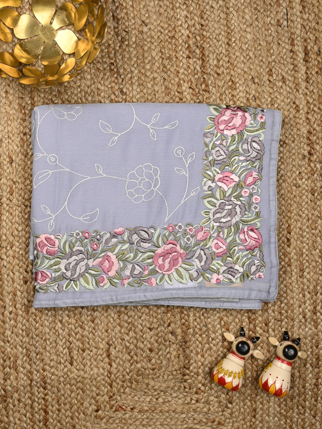 Chiffon fancy saree lavender color allover embroidery & embroidery border with running pallu and plain blouse