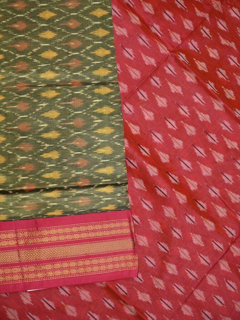 Ikkat pattu saree snuff color allover weaves & zari border with contrast pallu and contrast blouse
