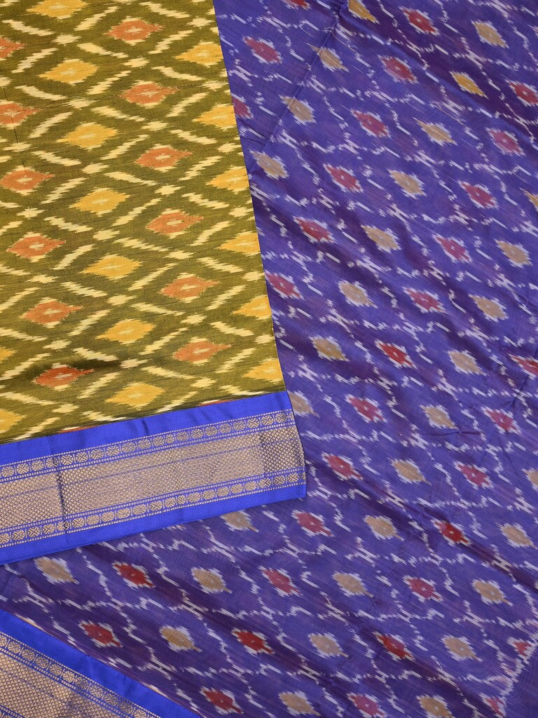 Ikkat pattu saree olive green color allover weaves & zari border with contrast pallu and contrast blouse