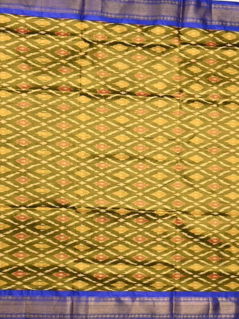 Ikkat pattu saree olive green color allover weaves & zari border with contrast pallu and contrast blouse